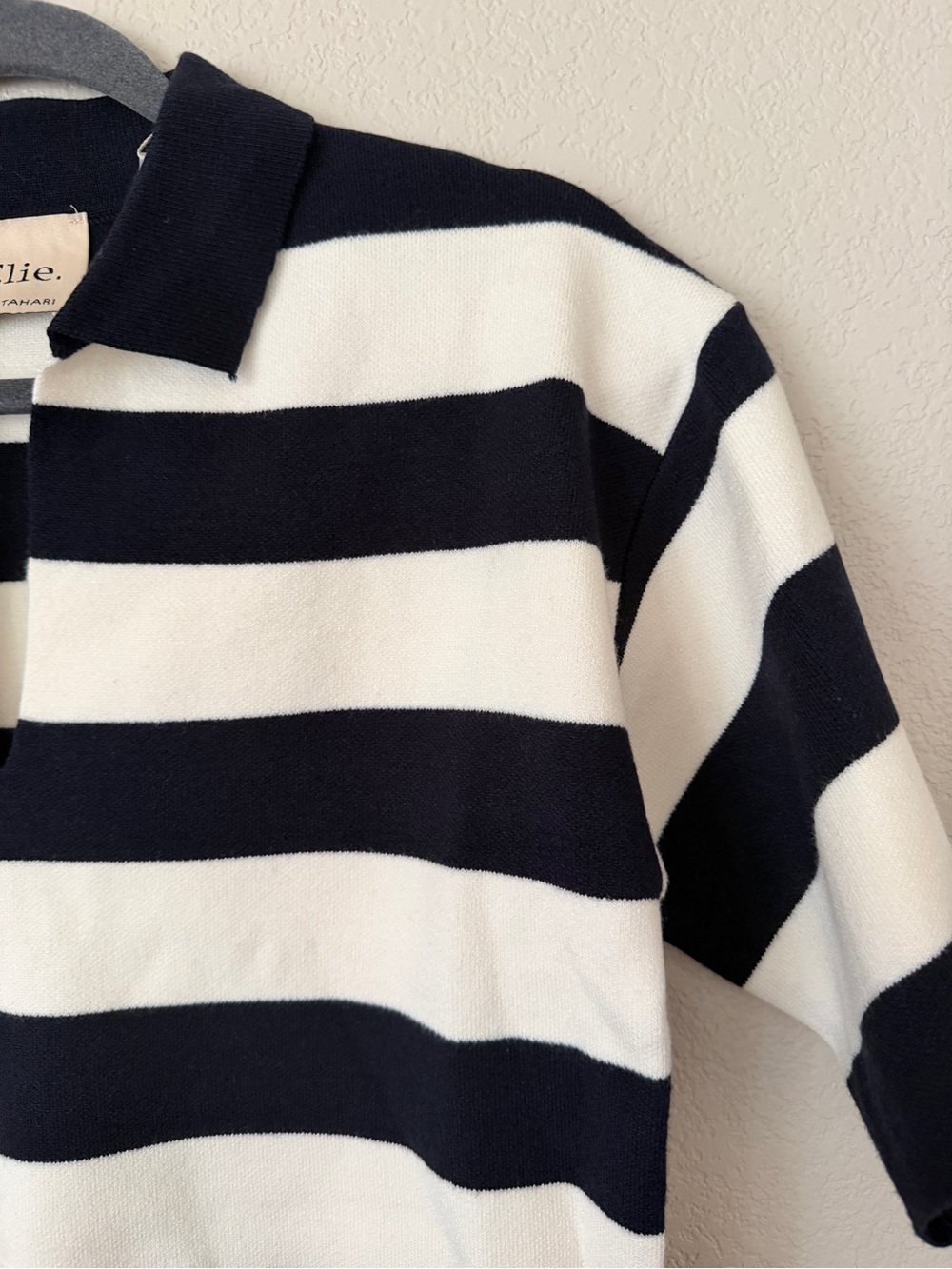 Elie Tahari Navy & Cream Striped Polo Knit Sweater - Picture 3 of 5
